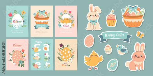 Easter collection of cards and stickers. Perfect for packaging, website design, cards and textiles