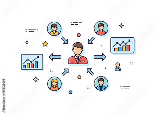Team coordination in project management featuring a central project manager icon guiding multiple team member icons connected with task arrows and a progress