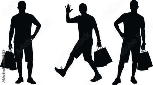 Man shopping silhouette set, male carrying shopping bags, walking and waving hand, standing and posing, retail and consumerism vector illustration.