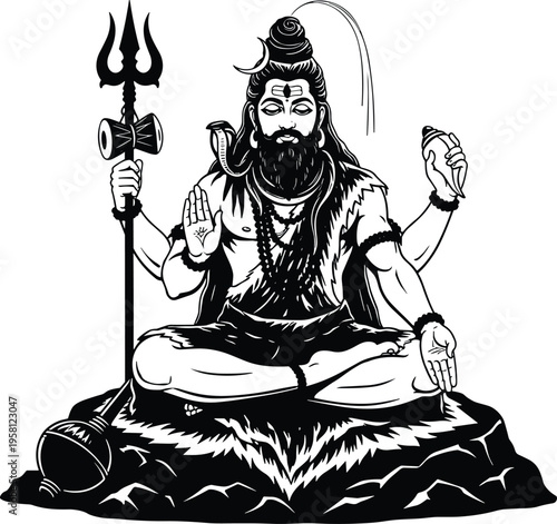 Lord Shiva sitting in meditation, Hindu god with trident and snake, religious yoga silhouette, divine spirituality and mythology vector illustration.