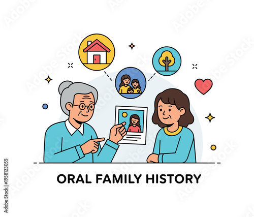 Oral family history a cozy storytelling moment with a grandparent pointing to a vintage photo while a child listens with curiosity, floating icons of a house
