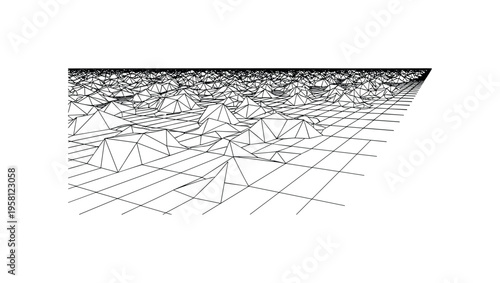 Retro Grid Scene. Minimalistic one-line drawing geometric grid surface fading toward distant horizon, continuous single black line on white background, simple