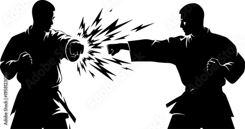 Vector martial arts silhouettes, karate fighters in action