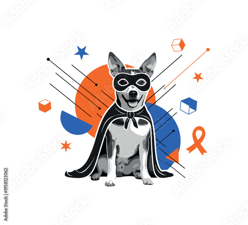 cute dog wearing a retro superhero pet costume cape and mask, black and white cut-out photo style with white outline, bold orange circle and blue semicircle