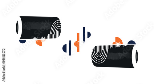 black and white two portable Bluetooth speakers placed apart with signal waves traveling between them, cut-out collage effect with white outline, layered