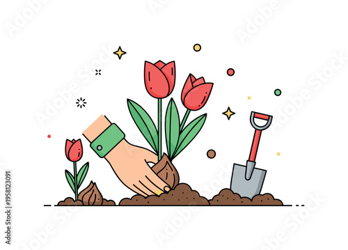 Home gardening with tulips a compact garden scene where a hand replants tulip bulbs into soil while bright tulip blossoms and a small shovel suggest the joy of