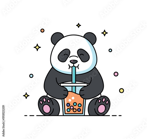 Panda bubble tea break cheerful panda sitting with a cup of bubble tea while sipping the drink through a straw with tiny tapioca pearls visible in the cup.