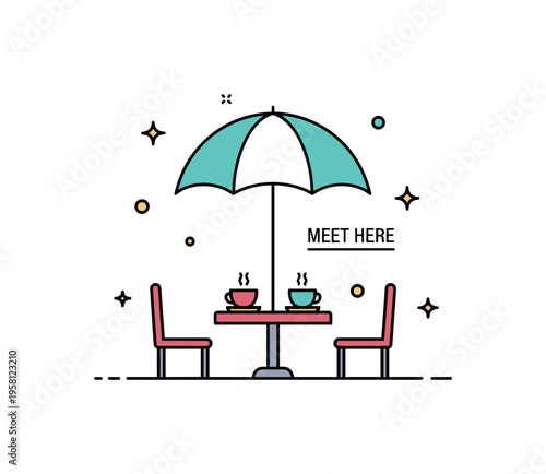 Outdoor cafe terrace featuring a tiny table with cups under a simple umbrella silhouette. Balanced composition and a subtle ?Meet Here? text detail express