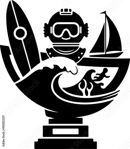 Black vector illustration of scuba diver with surfboard and sailboat on trophy