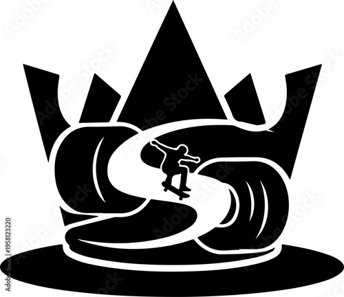 Black vector illustration of surfer on wave with crown