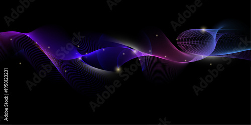 Vector illustration abstract futuristic background featuring vibrant blue, purple and red wavy gradient lines with neon, glowing light effects and dynamic particle flowing on a dark space background f