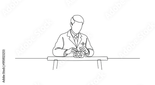 Renewable Material Study. Minimalistic one-line drawing scientist analyzing biodegradable or recycled materials at desk, continuous single black line on white