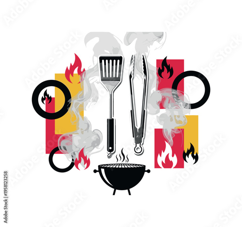 black and white barbecue tools set including spatula and tongs above a grill, realistic cut-out objects with white outline, bold circular smoke shapes and