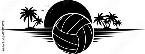 Black vector volleyball icon with tropical sunset background