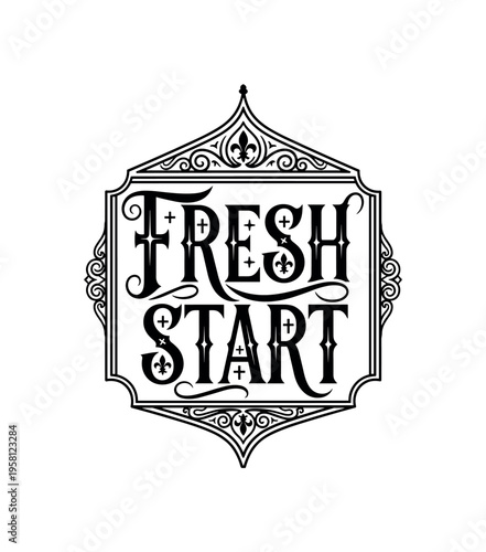 Fresh Start. lettering and all elements in black. Vector style. AWhite background. Pure white background. Perfect isolation and visual consistency.