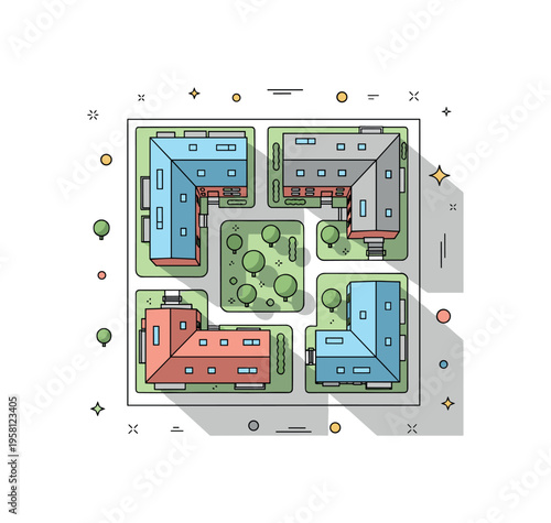 Bird?s eye view residential block apartment buildings forming a square around a small courtyard with trees and pathways clearly visible from above. Minimalist