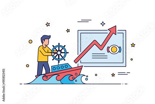 Adaptive leadership in economic downturns featuring a leader steering a small business ship through waves while a chart arrow points upward ahead. The visual