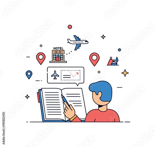 Vacation planning scene showing a person reviewing a travel itinerary on a notebook with tiny floating airplane, hotel, and location pin icons, subtle stars