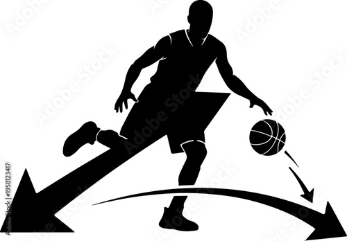 Vector silhouette of basketball player dribbling ball with arrows