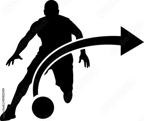 Black silhouette of soccer player kicking ball with arrow vector