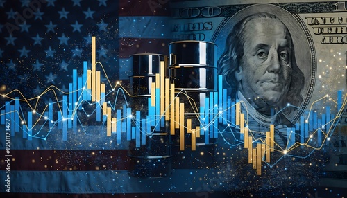 Abstract digital collage of a financial stock market graph overlaying an American flag, metallic oil barrels, and a US dollar bill. Concept of US economy, oil prices, and financial volatility.