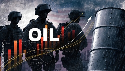 Digital collage featuring silhouetted soldiers, a Middle East map, an oil barrel, and US currency overlaid with financial stock charts and the word OIL. Geopolitical economic concept.
