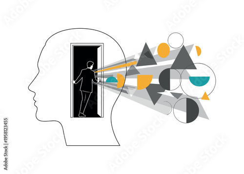 black-and-white retro person pushing open a door inside a head silhouette, abstract geometric light beams and circles flowing out from the opening, mustard