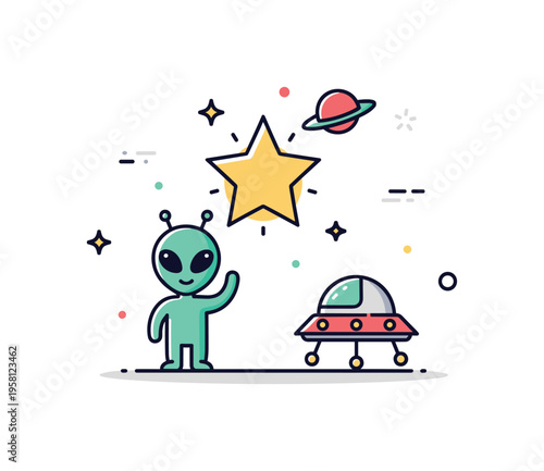 Friendly alien encounter a small alien figure waving beside a glowing star and miniature spacecraft, expressing the imaginative idea of peaceful communication