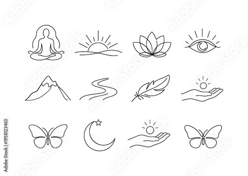 Spiritual Awakening and Inner Light. Minimalistic set one-line drawing [meditating person, rising sun, lotus flower, glowing aura outline, open third eye