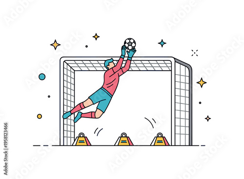 Goalkeeper training drill showing a goalkeeper jumping to catch a ball near the goal while small training markers sit on the ground. The composition highlights