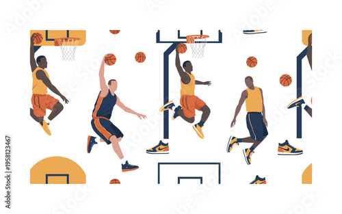 Street basketball slam dunk seamless pattern, urban players jumping for high dunks with hoops backboards sneakers and basketballs arranged in a repeating