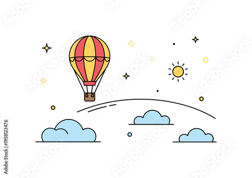 Flying high hot air balloon drifting peacefully above a curved cloud line while a small sun icon glows in the corner. The calm scene conveys adventure,