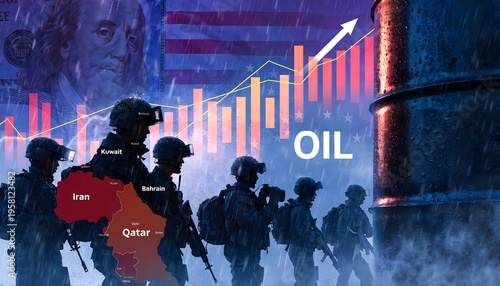Digital collage featuring silhouetted soldiers, a Middle East map, an oil barrel, and US currency overlaid with financial stock charts and the word OIL. Geopolitical economic concept.