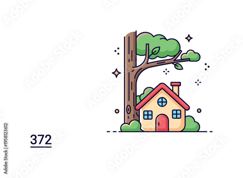Tiny forest fairy house adorable little house tucked in tree branches with small windows, a door, and subtle decorative sparkles. Minimalist flat vector