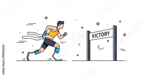 Paralympic athletics determination and resilience captured in a dynamic scene where an athlete with a running blade prosthetic sprints toward a finish line
