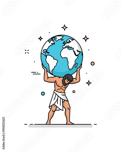 Atlas ancient mythological figure carrying a large globe above his shoulders symbolizing strength and endurance while standing firmly on the ground. The scene