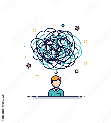 Mental tangle symbol showing a dense scribble of looping lines above a small calm figure. The scene reflects complex thoughts, stress and the process of