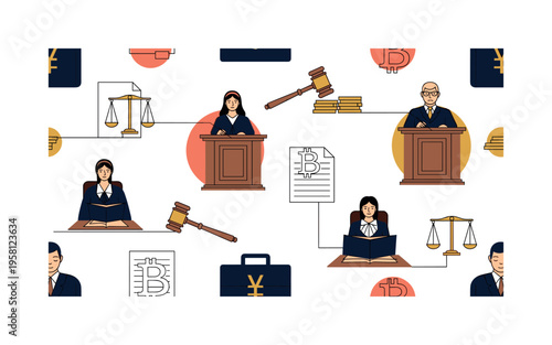 legal proceedings illustration seamless pattern, lawyers, judges, courtrooms, documents, gavels and briefcases arranged in a repeating pattern, white