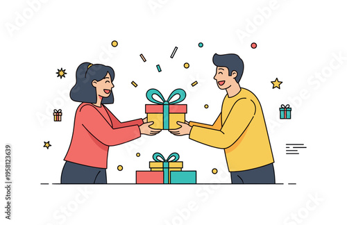 Festive present exchange friends laughing while handing over a ribbon-tied gift beside a small stack of boxes and confetti sparkles, symbolizing generosity and