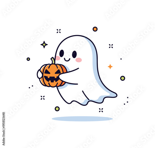 Happy ghost pumpkin moment adorable ghost hugging a small pumpkin while softly floating, creating a cheerful Halloween themed scene. Minimalist flat vector