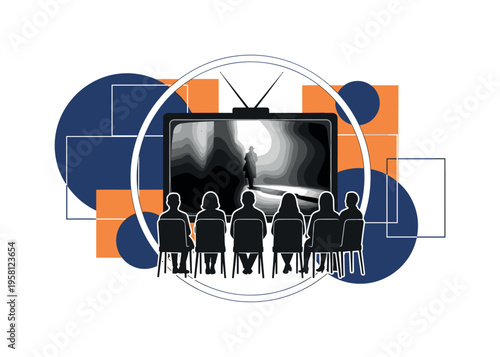 black and white TV screen with movie scene visible while silhouettes of viewers sit in front of it, cut-out collage effect with white outline, circular