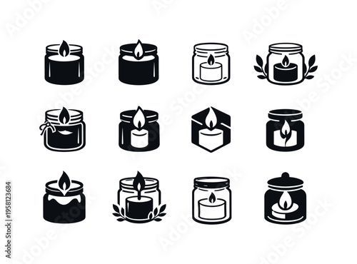 Crafting candles. Icon set. Set Logo of Crafting candles: candle jar. harmonious logo variations of the same emblematic concept, each with different artistic
