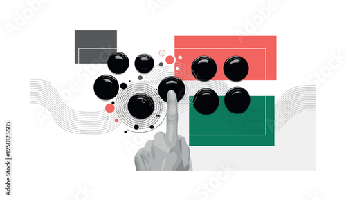 black-and-white retro arcade button panel with large buttons being pressed by a hand, abstract circles and lines representing feedback and action loops, coral