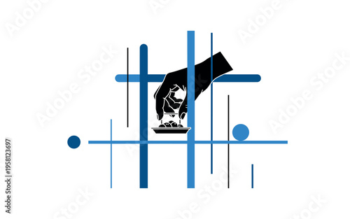 Black and white hand picking up a canape, intersected by blue cylindrical shapes and thin vertical lines suggesting social interaction and movement, clean