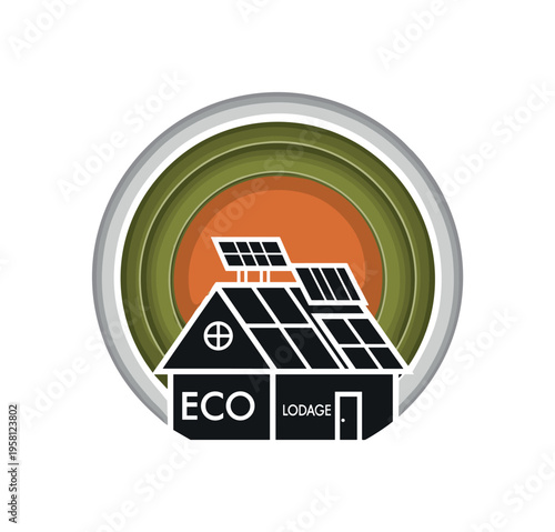 A realistic monochrome eco-lodge cabin simplified into flat rectangular forms, roof intersected by geometric solar panel shapes, circular sun