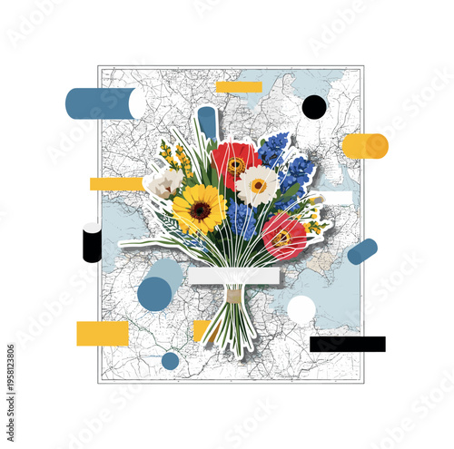 atlas page flower bouquet with abstract cylinders circles and graphic blocks, black and white atlas map page with floral bouquet emerging from it with white