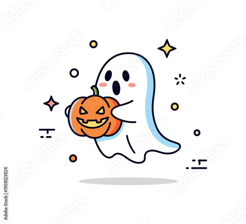 Friendly ghost pumpkin buddy cheerful ghost floating while holding a pumpkin creating a warm playful Halloween icon scene. Minimalist flat vector illustration,