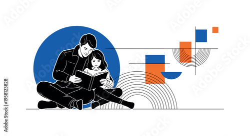 parent and child sitting together reading a book, black and white cut-out figures with white contour outline, bold blue circle behind them symbolizing peaceful