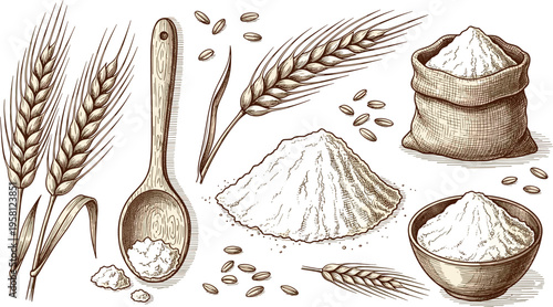 Hand drawn wheat flour set with grains spoon sack and pile in vintage engraved style vector illustration isolated on light background for bakery design
