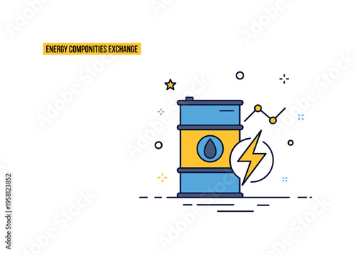 Energy commodities exchange focused on a simple oil barrel icon paired with a lightning bolt and small trend line to represent oil and electricity price